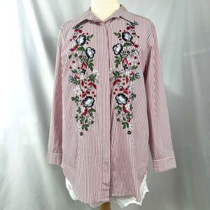 JOAN RIVERS Red White Striped Button Shirt Floral Embroidery Womens‎ S Bohemian
